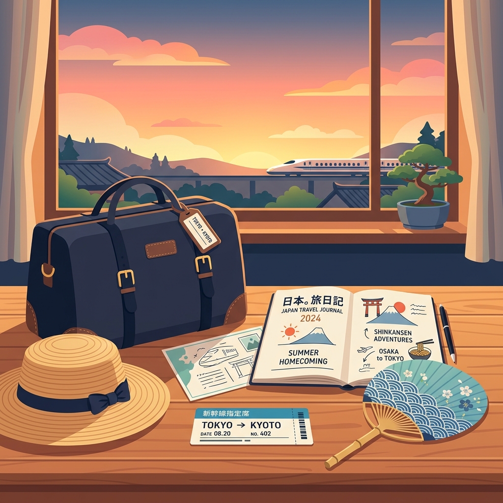 【ストレスゼロ&賢く節約】夏の帰省「旅の手帖とスマートパッキング」完全攻略ガイドのアイキャッチイラスト