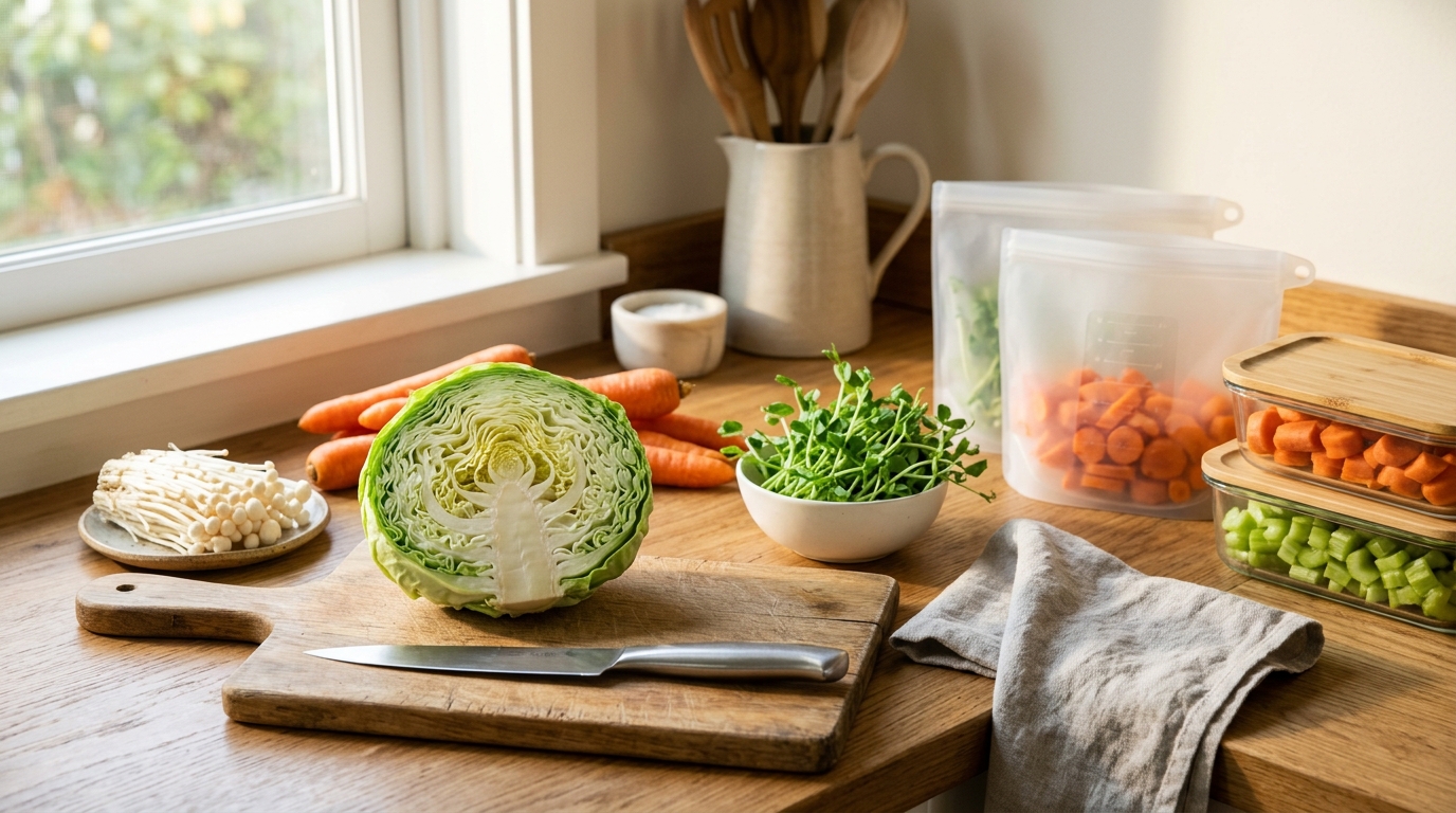 新鮮な野菜と手際よく仕込まれた下ごしらえ・保存容器が並ぶ明るいキッチン